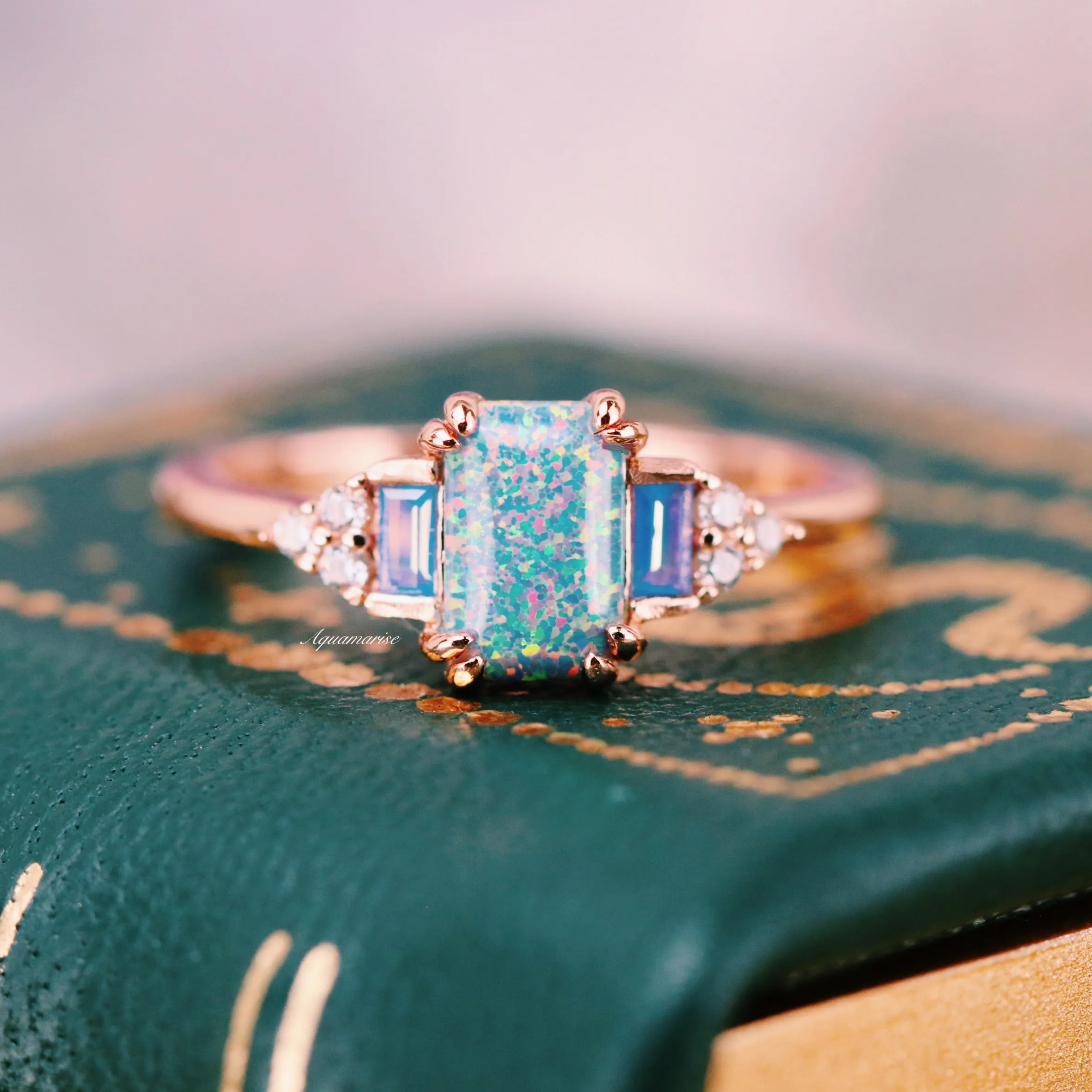 Light Blue Fire Opal & Opalescent Sapphire Couples Ring