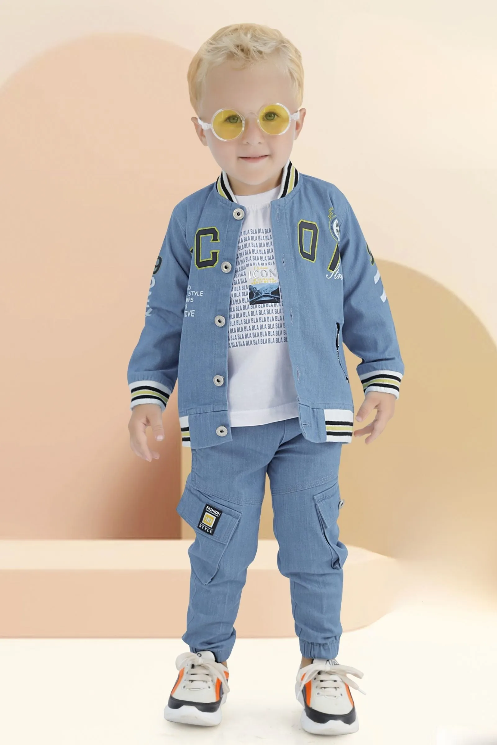 Light Blue with White Printed Waist Coat and Joggers Set for Boys