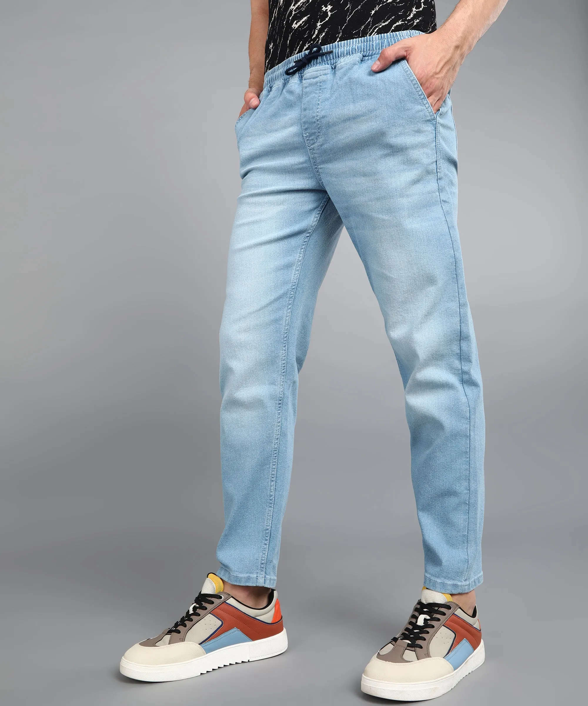 Men's Light Blue Regular Fit Washed Jogger Jeans Stretchable