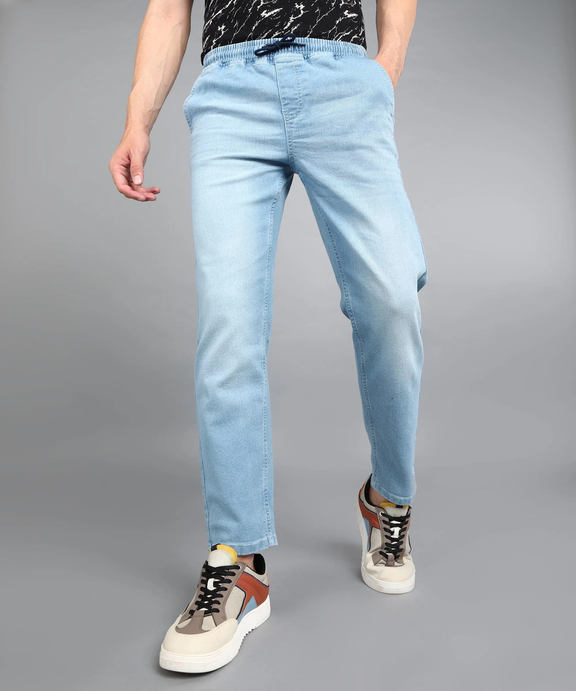 Men's Light Blue Regular Fit Washed Jogger Jeans Stretchable