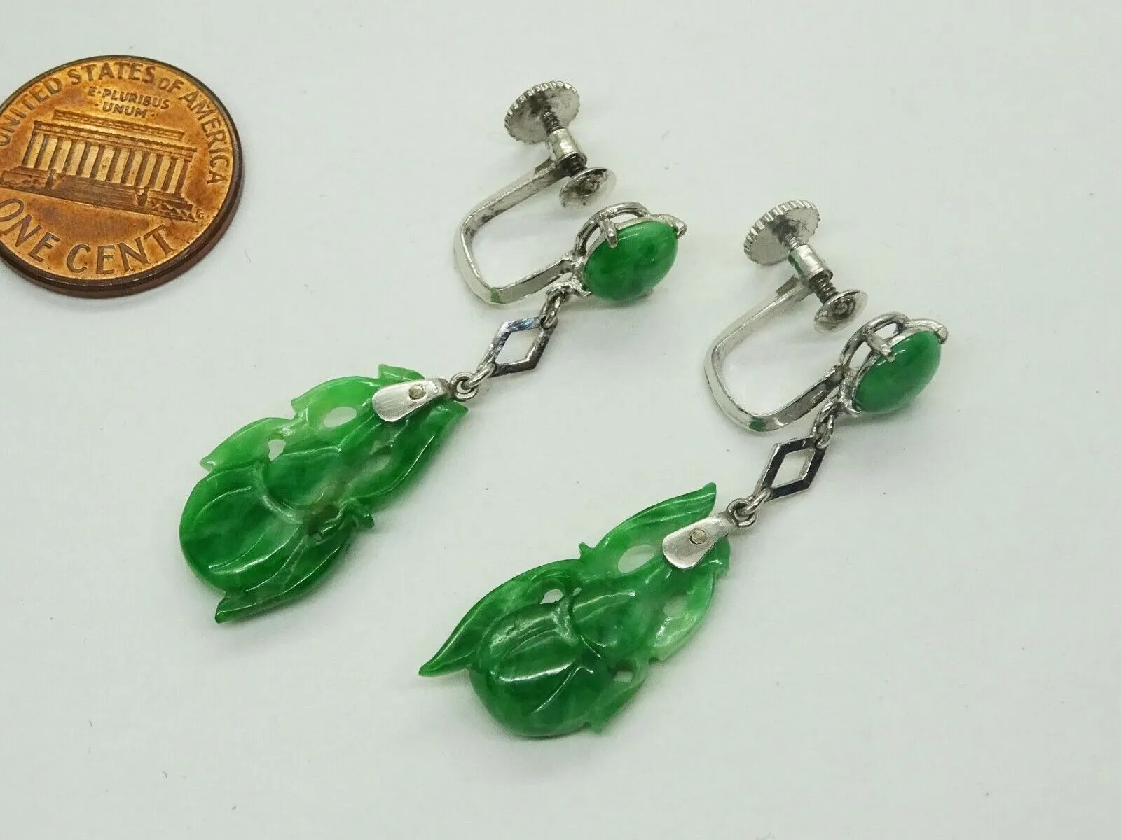 Mid Century Natural Jadeite Dangle Earrings Rhodium over Sterling w/ Mason-May