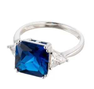 Princess Cut Imitation Sapphire Cubic Zirconia Engagement Ring In Sterling Silver