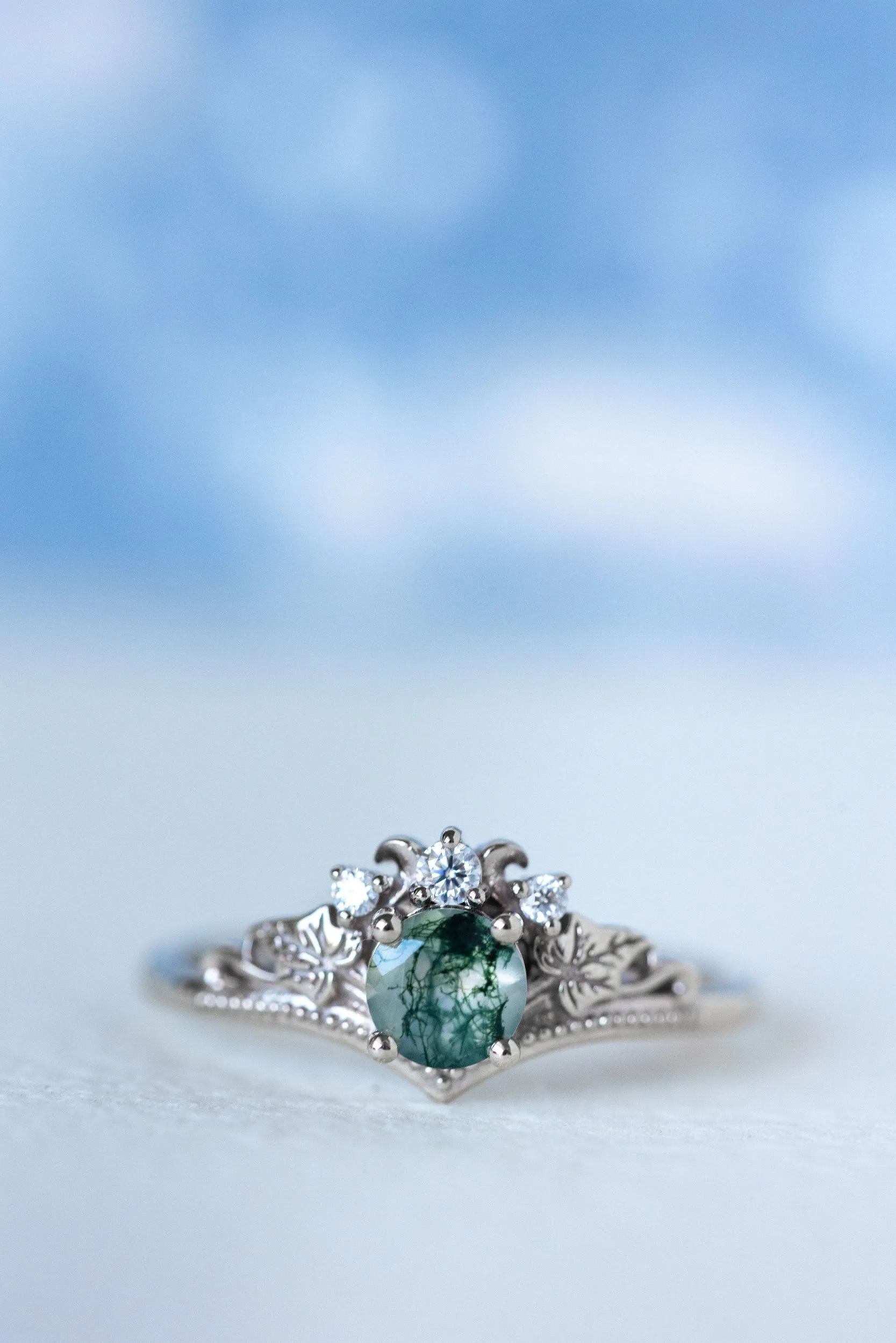 READY TO SHIP: Ariadne bridal ring set in 18K white gold, natural moss agate 5 mm, accent lab grown diamonds, AVAILABLE RING SIZES: 6-8 US