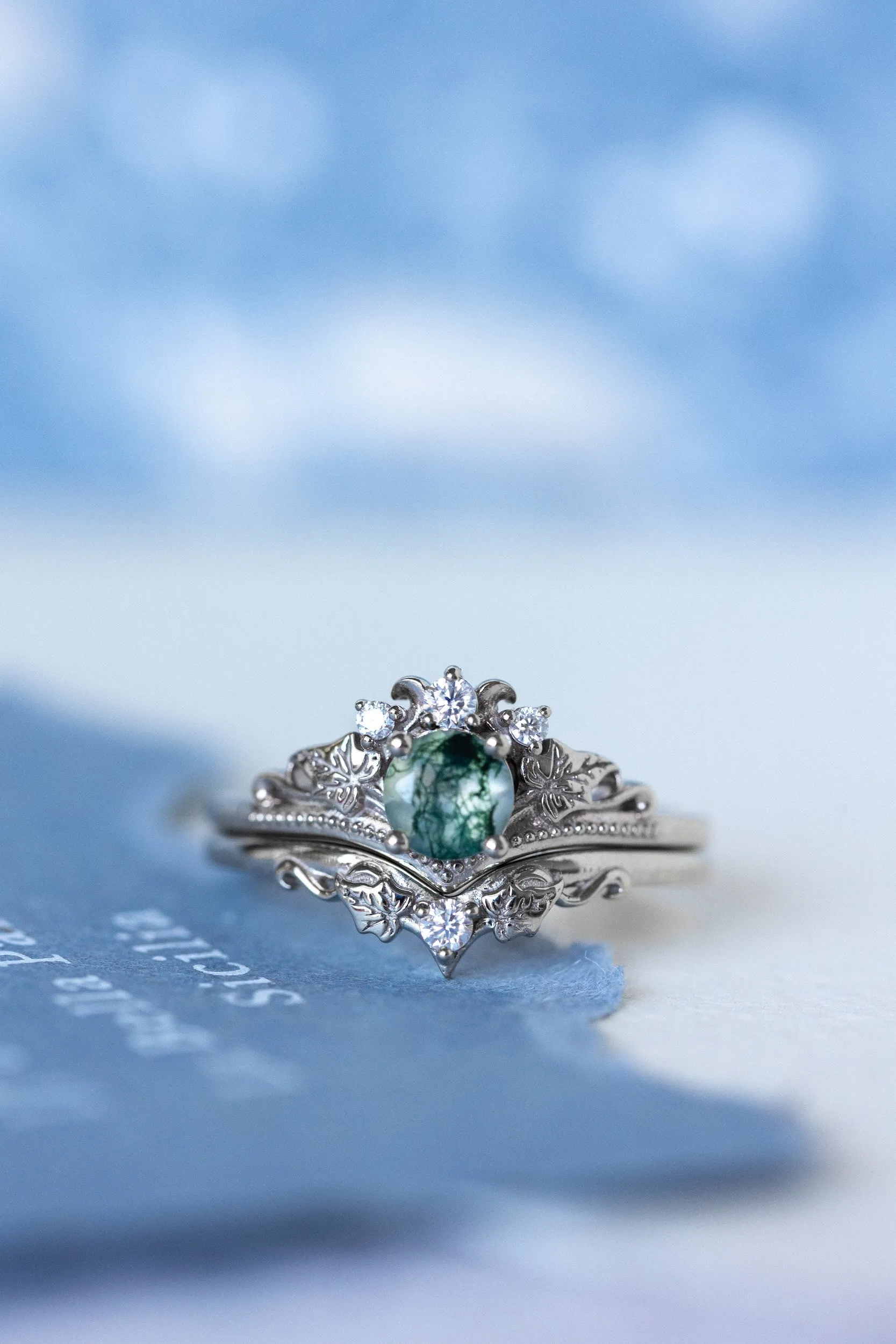 READY TO SHIP: Ariadne bridal ring set in 18K white gold, natural moss agate 5 mm, accent lab grown diamonds, AVAILABLE RING SIZES: 6-8 US