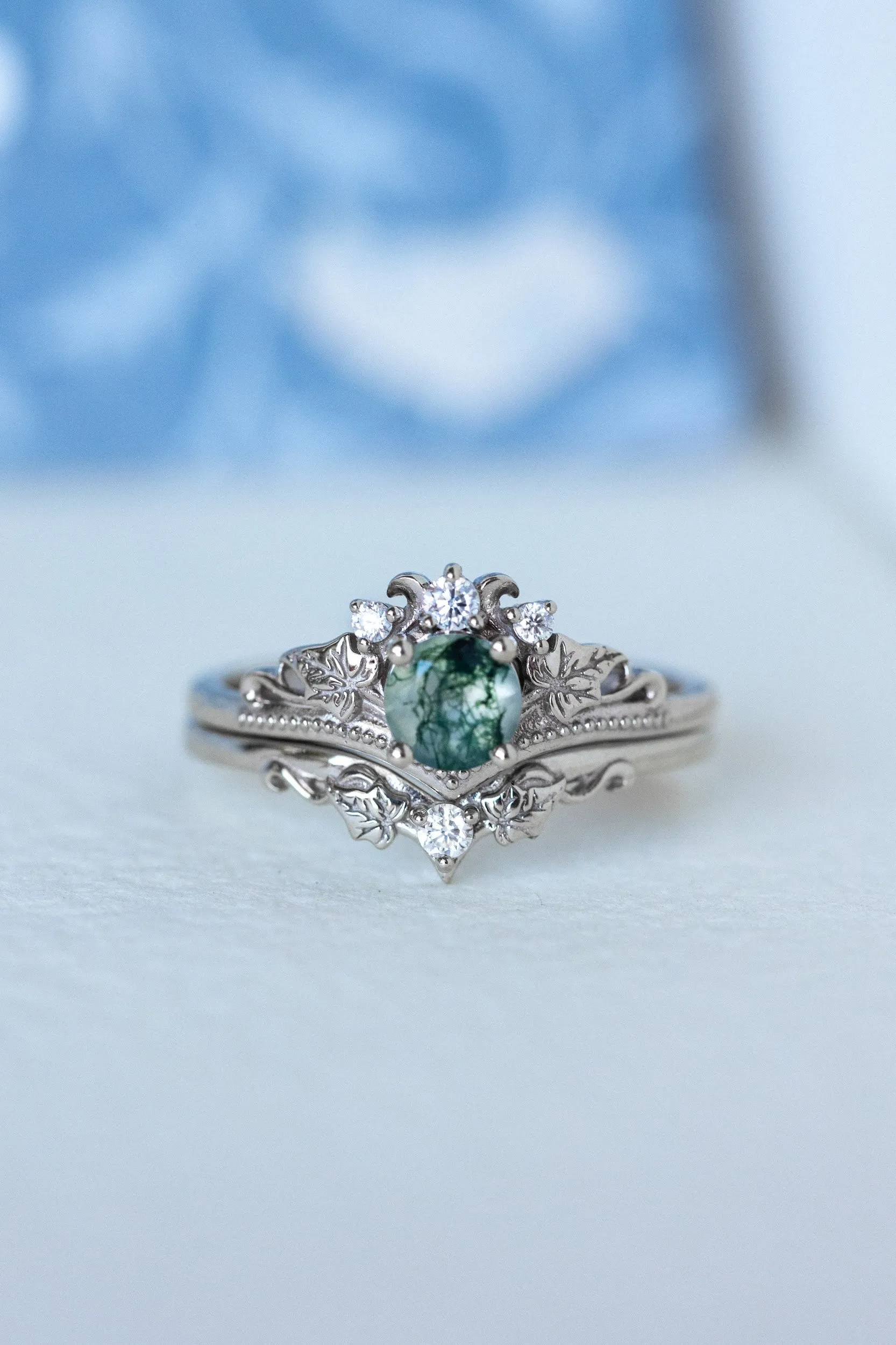 READY TO SHIP: Ariadne bridal ring set in 18K white gold, natural moss agate 5 mm, accent lab grown diamonds, AVAILABLE RING SIZES: 6-8 US