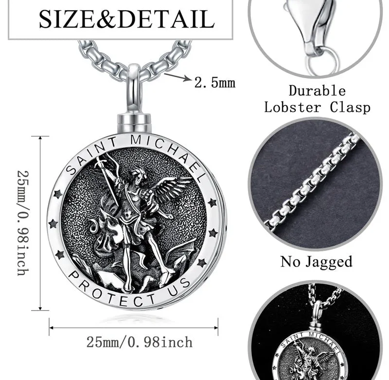 Saint Michael Urn Necklace  925 Sterling Silver Amulet Medal Jewelry for Men Women