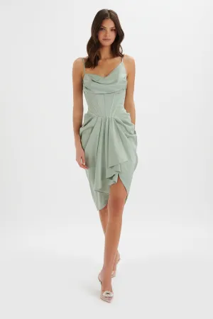 SELAH Asymmetric Cowl Neck Draped Midi Dress In Sage