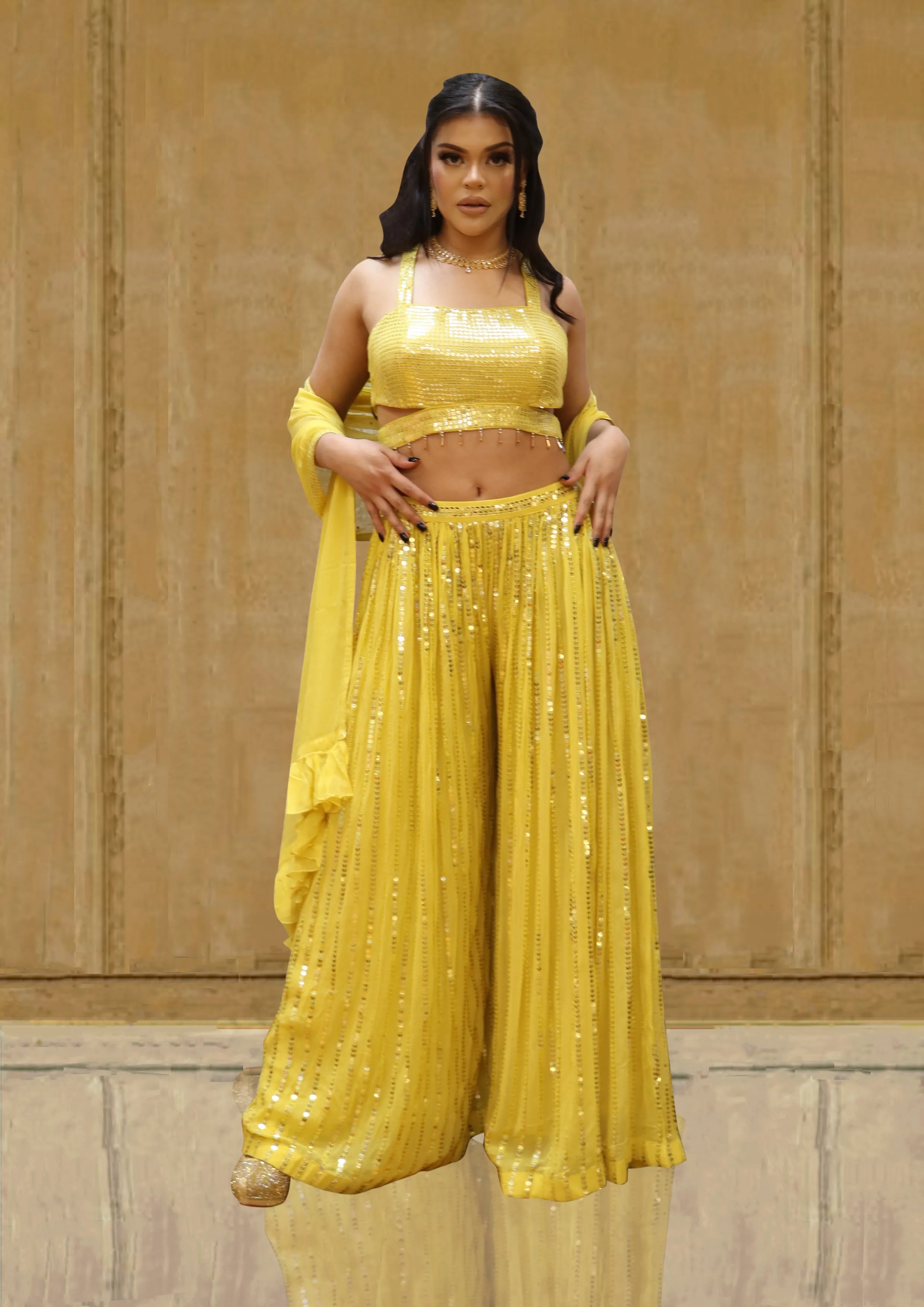 Shimmering Yellow Crop-top Pallazo Partywear Outfit