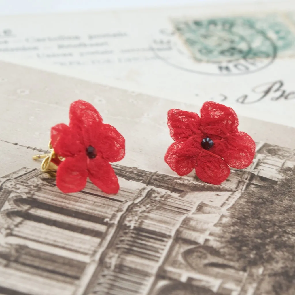 Silk Flower Earrings by Cécile Boccara - Red