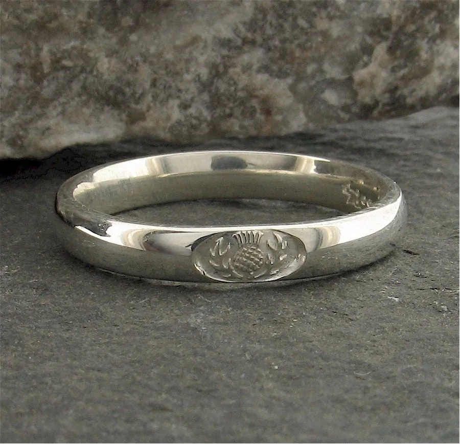 Silver wedding ring 3mm to 4mm Scottish Thistle narrow womens band