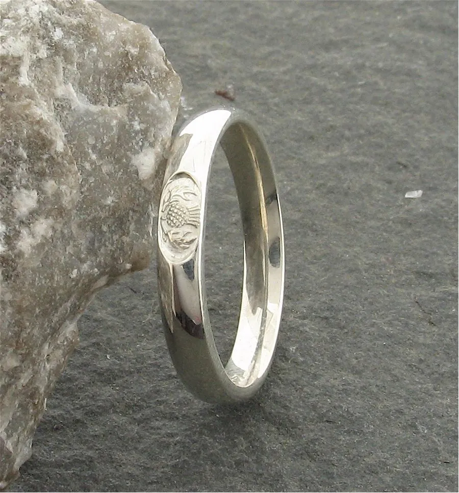 Silver wedding ring 3mm to 4mm Scottish Thistle narrow womens band