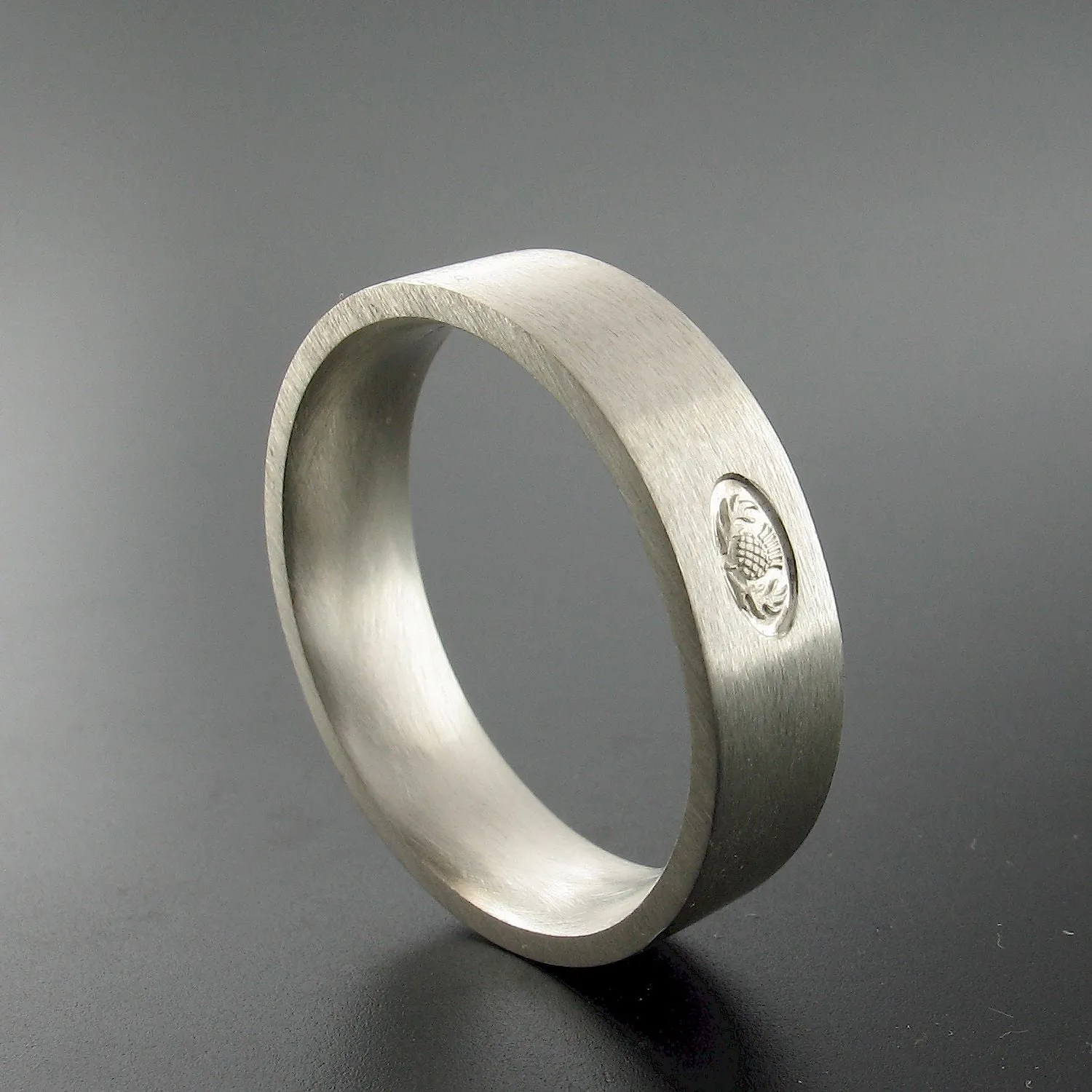 Silver wedding ring, Scottish flat medium brushed band.