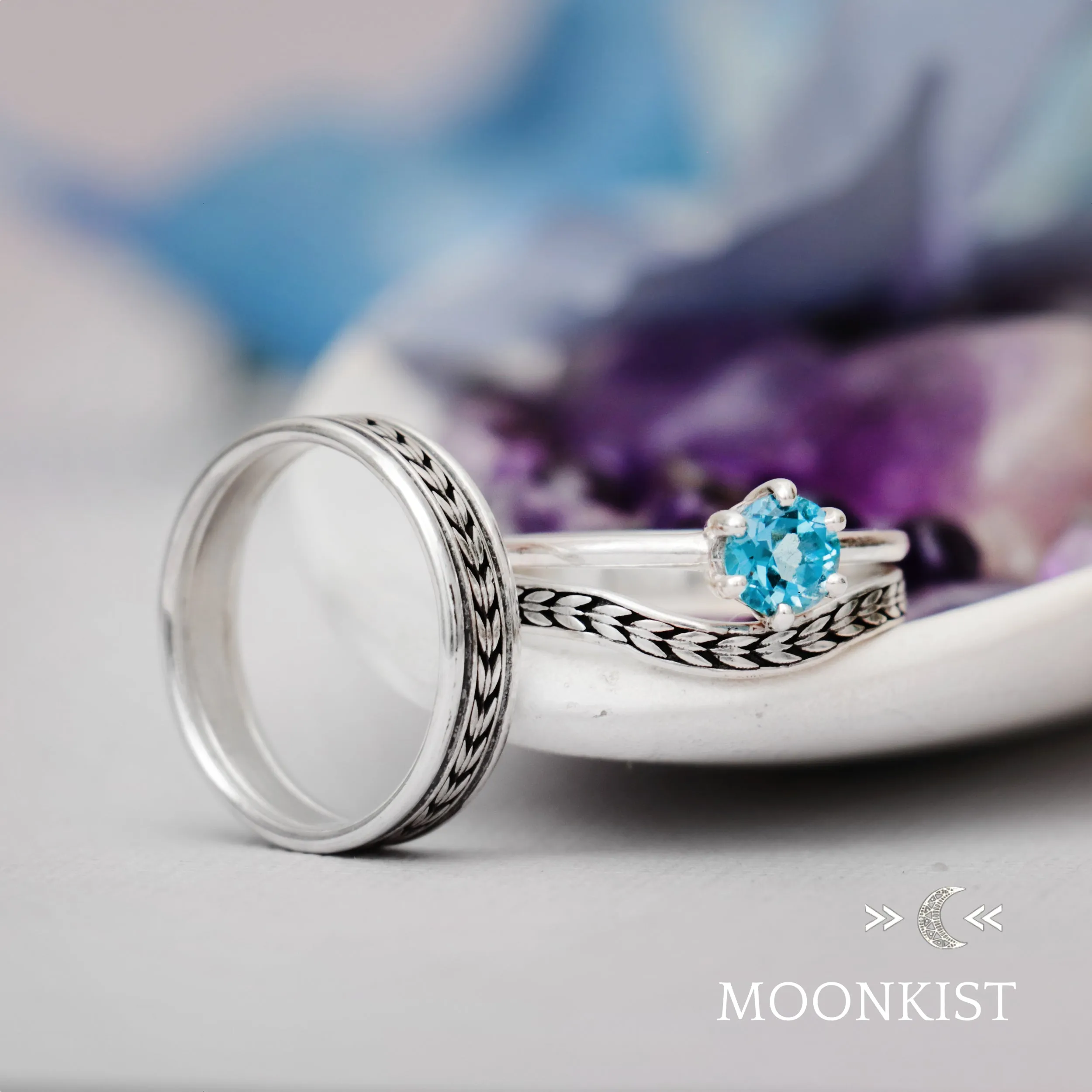 Sterling Silver Arrow Three Ring Wedding Ring Set  | Moonkist Designs