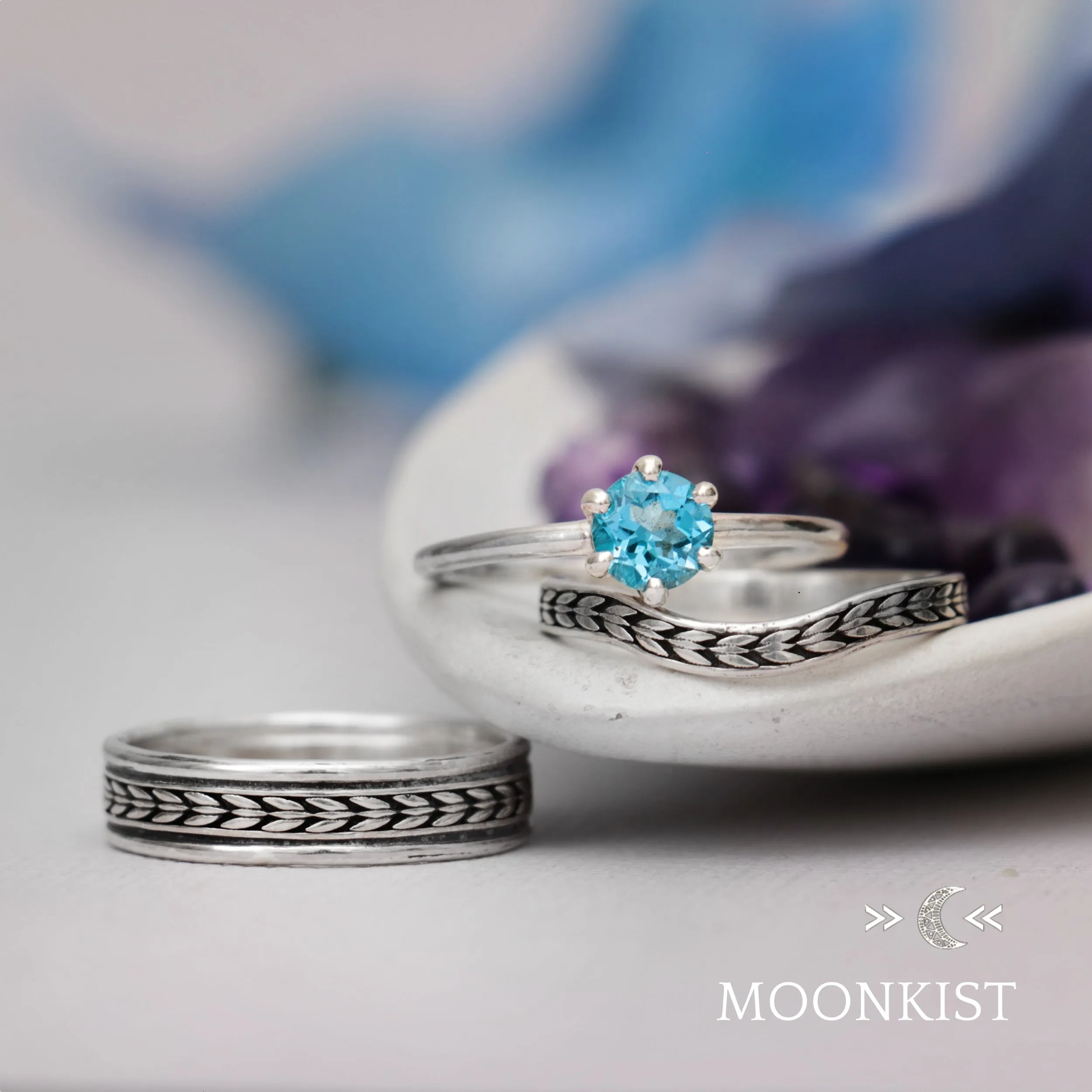 Sterling Silver Arrow Three Ring Wedding Ring Set  | Moonkist Designs