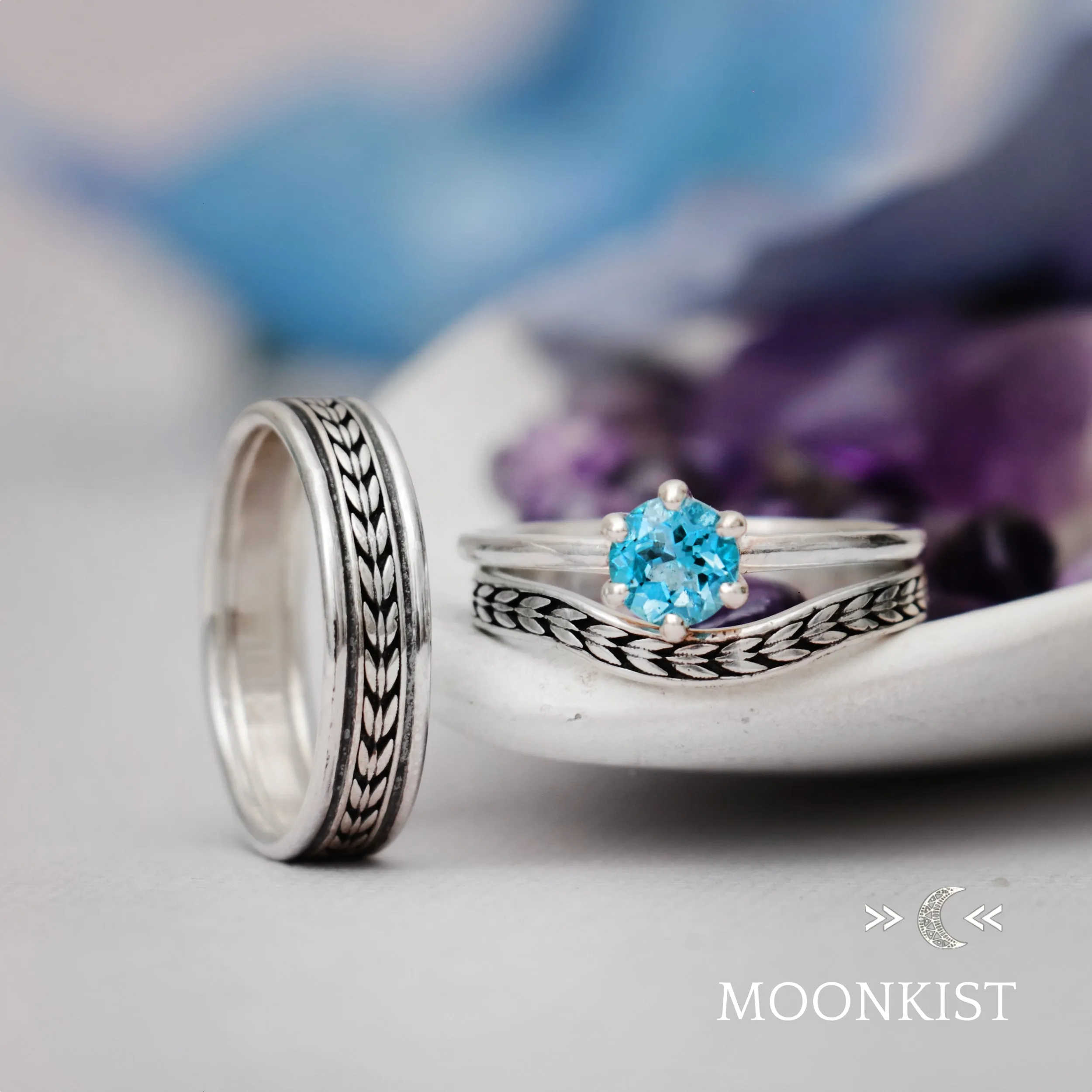 Sterling Silver Arrow Three Ring Wedding Ring Set  | Moonkist Designs