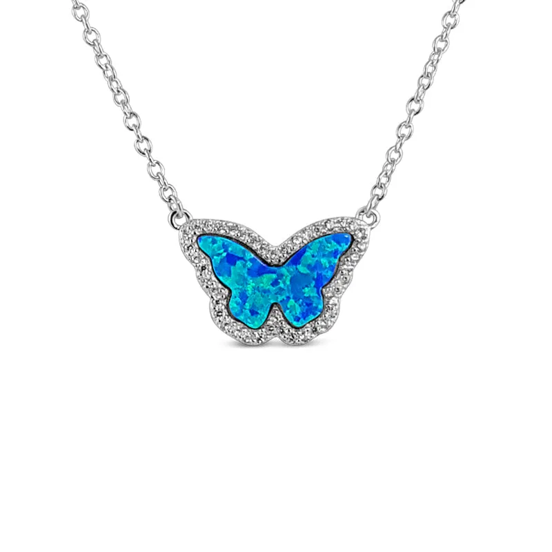 Sterling Silver Opal Blue Butterfly Necklace Rhodium Plated