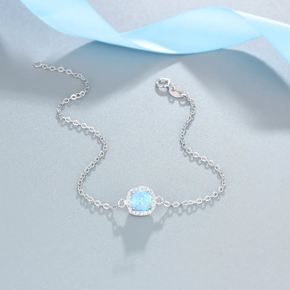 Sterling Silver Square Created Blue Opal Bracelet