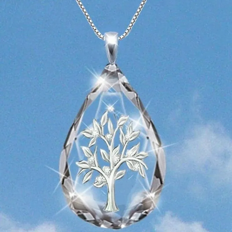 Transparent Crystal Waterdrop Shape Life Tree Pendant Necklace