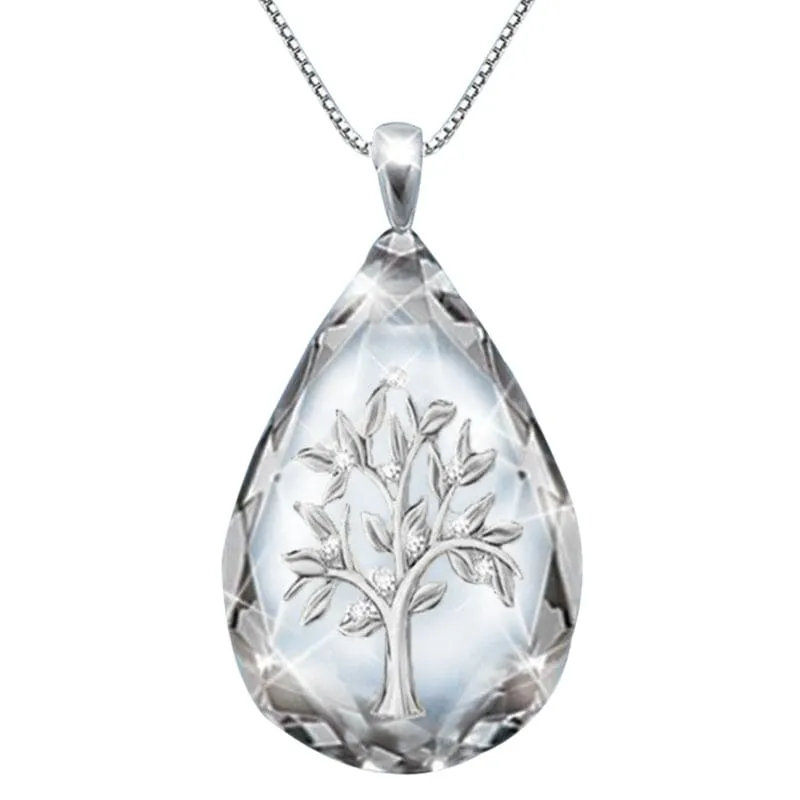 Transparent Crystal Waterdrop Shape Life Tree Pendant Necklace