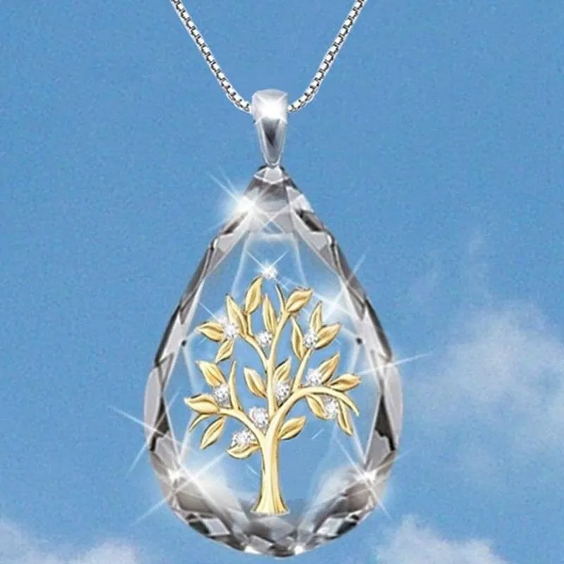 Transparent Crystal Waterdrop Shape Life Tree Pendant Necklace