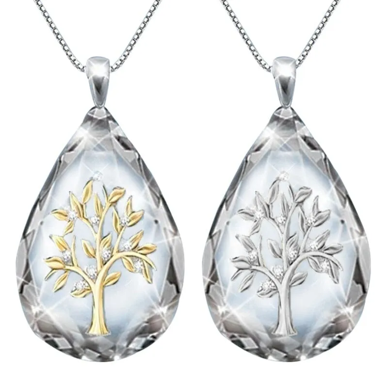 Transparent Crystal Waterdrop Shape Life Tree Pendant Necklace