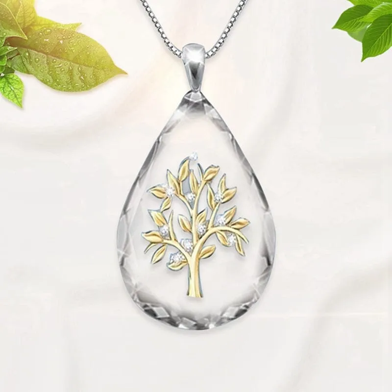 Transparent Crystal Waterdrop Shape Life Tree Pendant Necklace