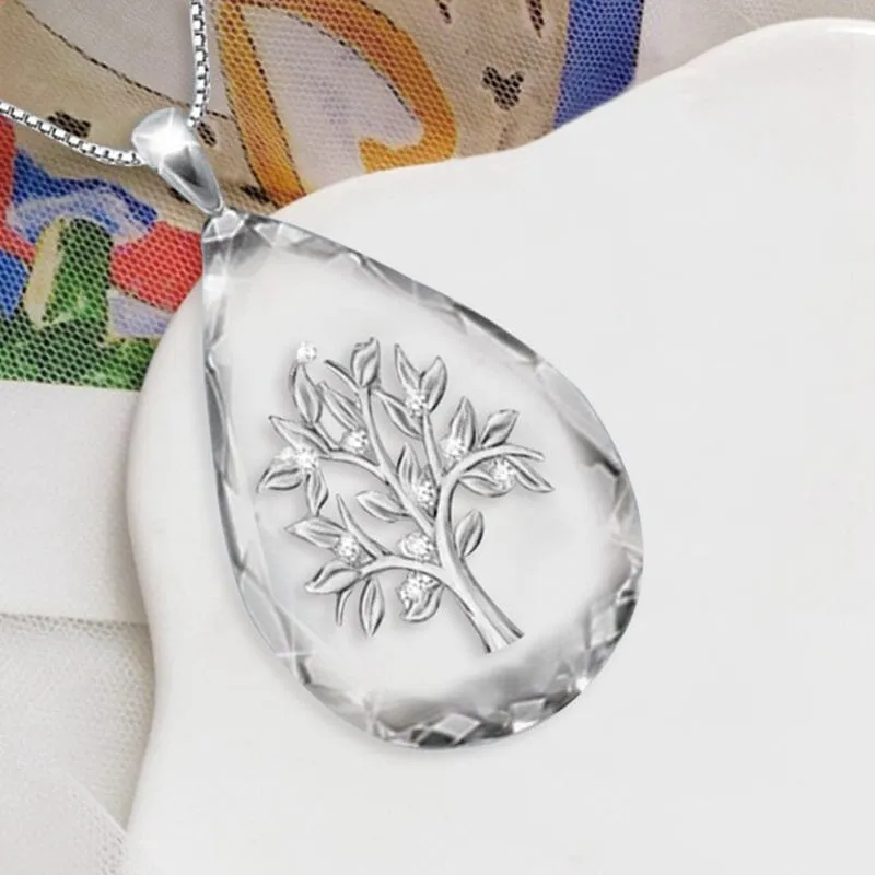 Transparent Crystal Waterdrop Shape Life Tree Pendant Necklace