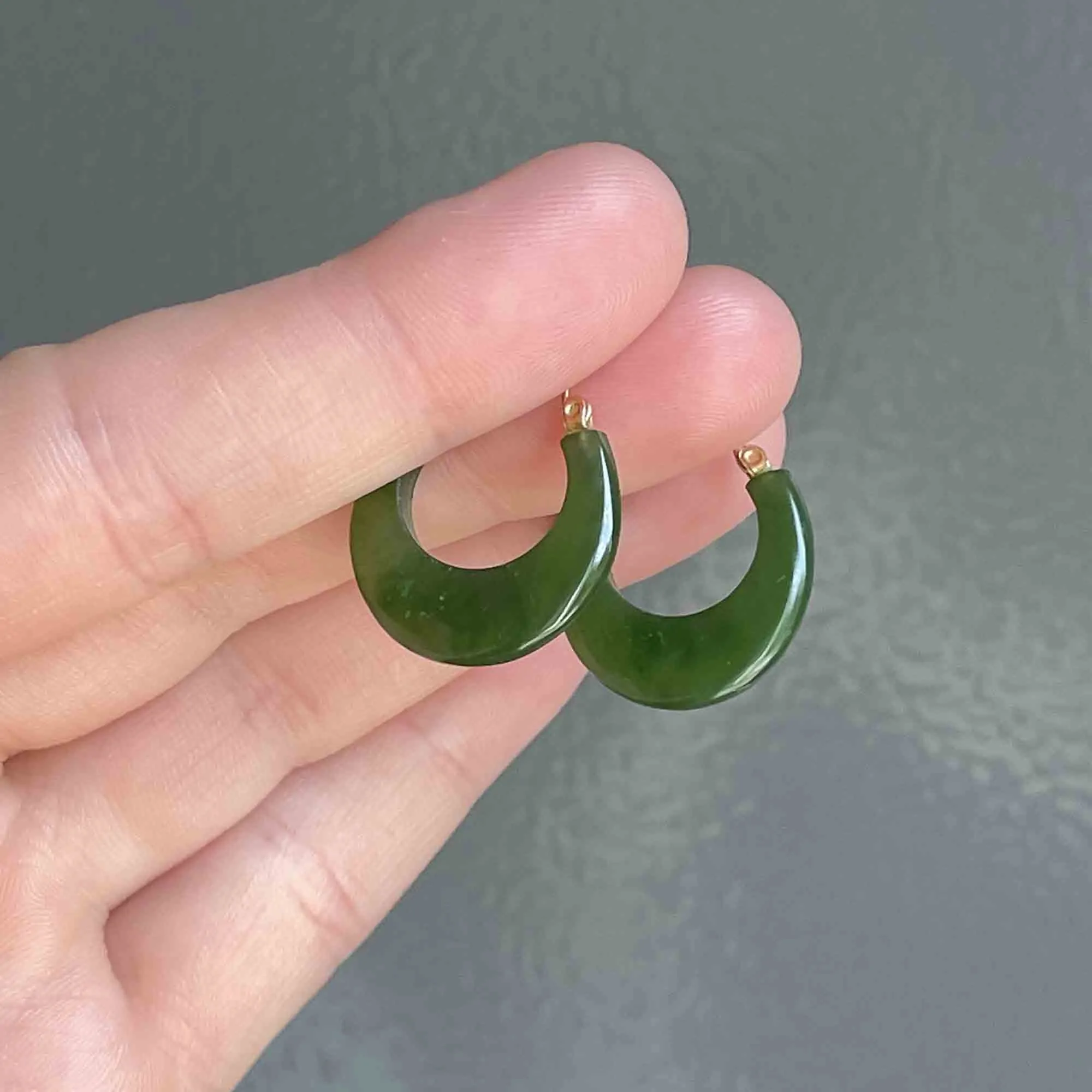 Vintage 14K Gold Carved Jade Hoop Earrings