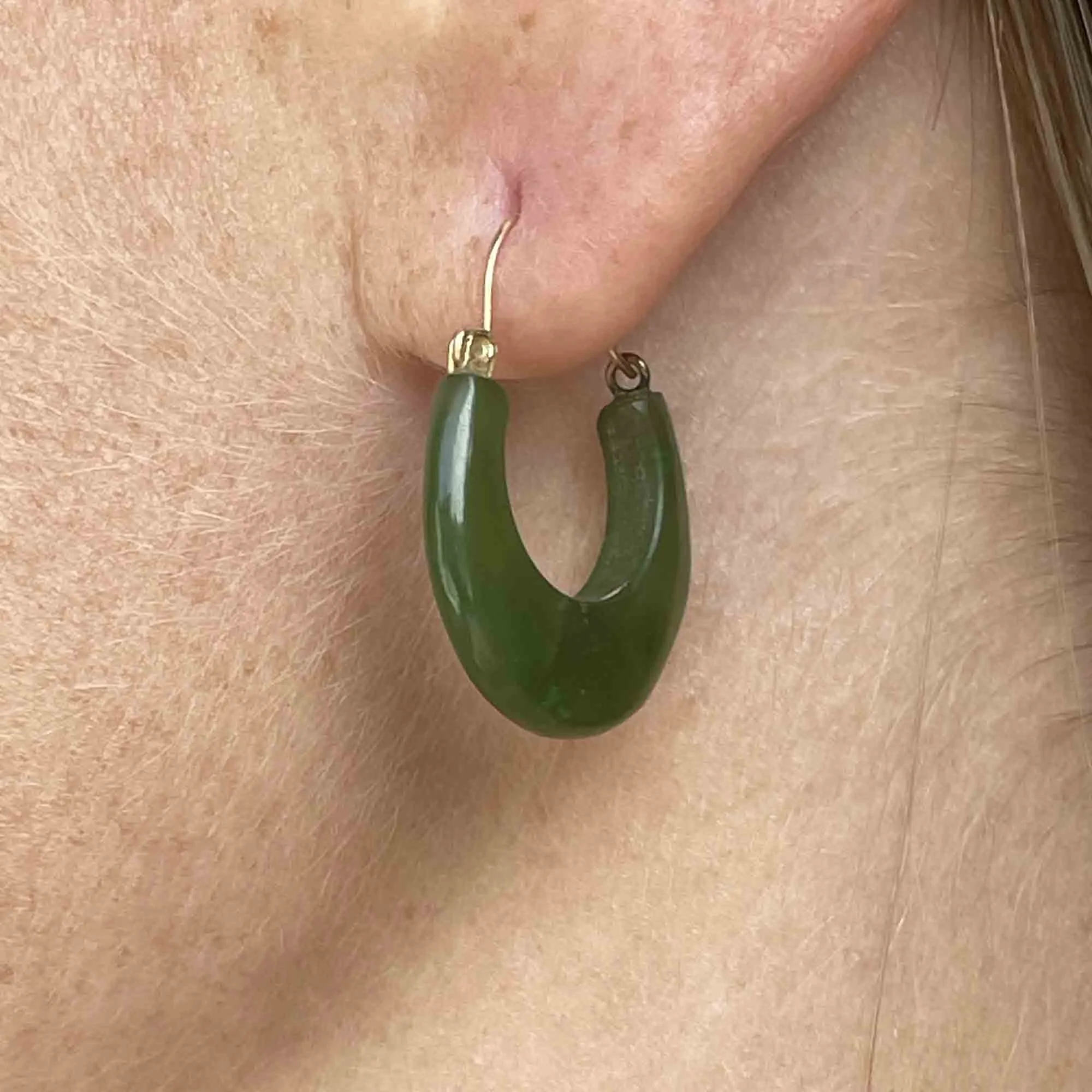 Vintage 14K Gold Carved Jade Hoop Earrings