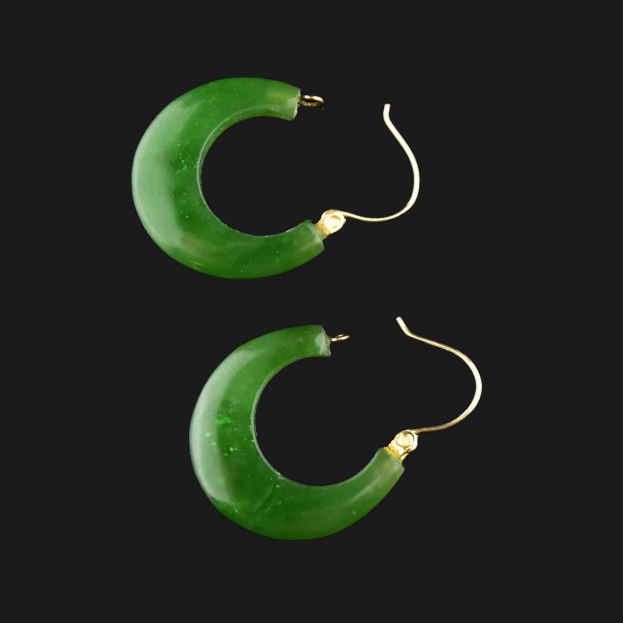 Vintage 14K Gold Carved Jade Hoop Earrings