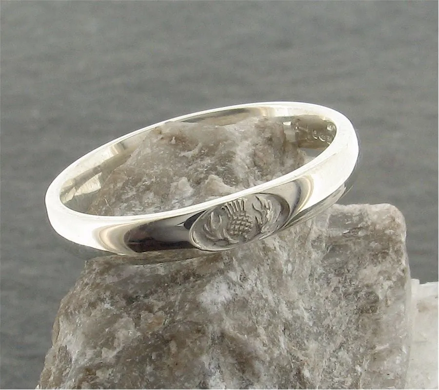 Wedding ring 3mm to 4mm Scottish Thistle white gold narrow band.