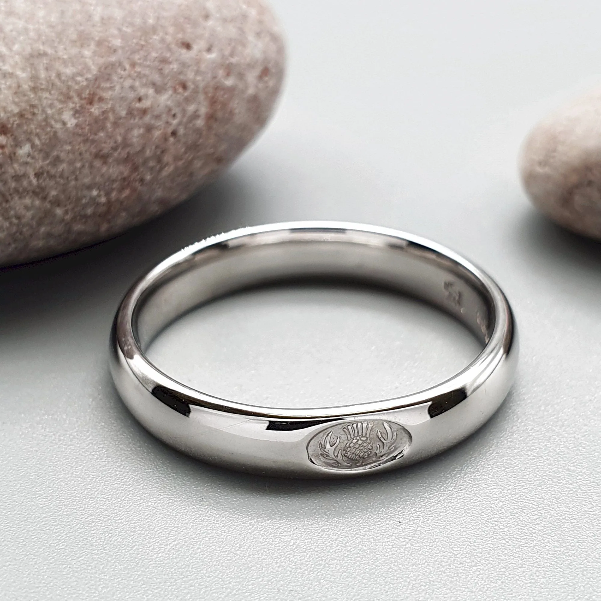 Wedding ring 3mm to 4mm Scottish Thistle white gold narrow band.