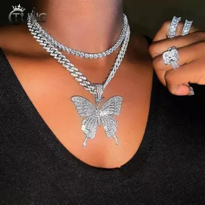 Women Butterfly Pendant Necklace Iced Out Link Chain Choker Necklace Bling Hip Hop Pendant Jewelry New Year Party Gifts