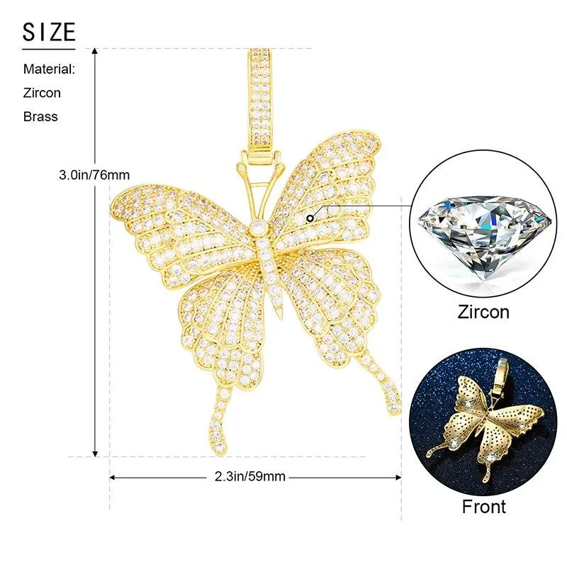 Women Butterfly Pendant Necklace Iced Out Link Chain Choker Necklace Bling Hip Hop Pendant Jewelry New Year Party Gifts