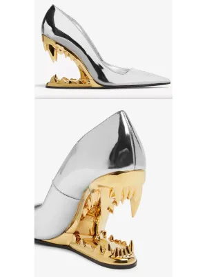 Women’s Asymmetrical Morso Laminated Pumps in Silver and Gold