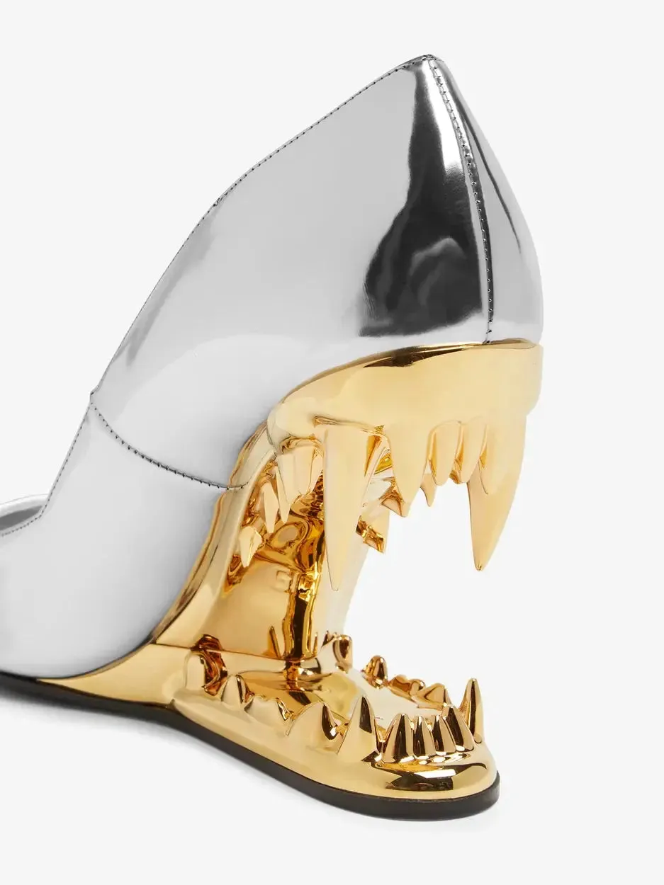 Women’s Asymmetrical Morso Laminated Pumps in Silver and Gold