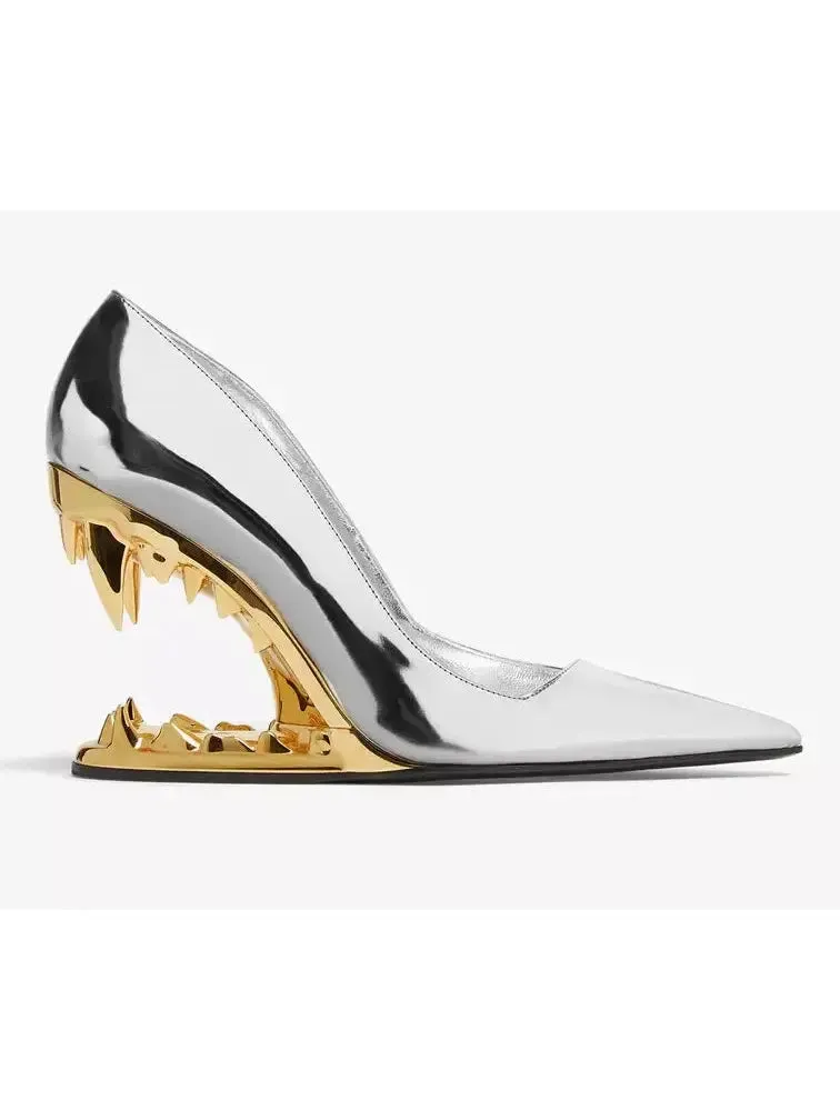 Women’s Asymmetrical Morso Laminated Pumps in Silver and Gold