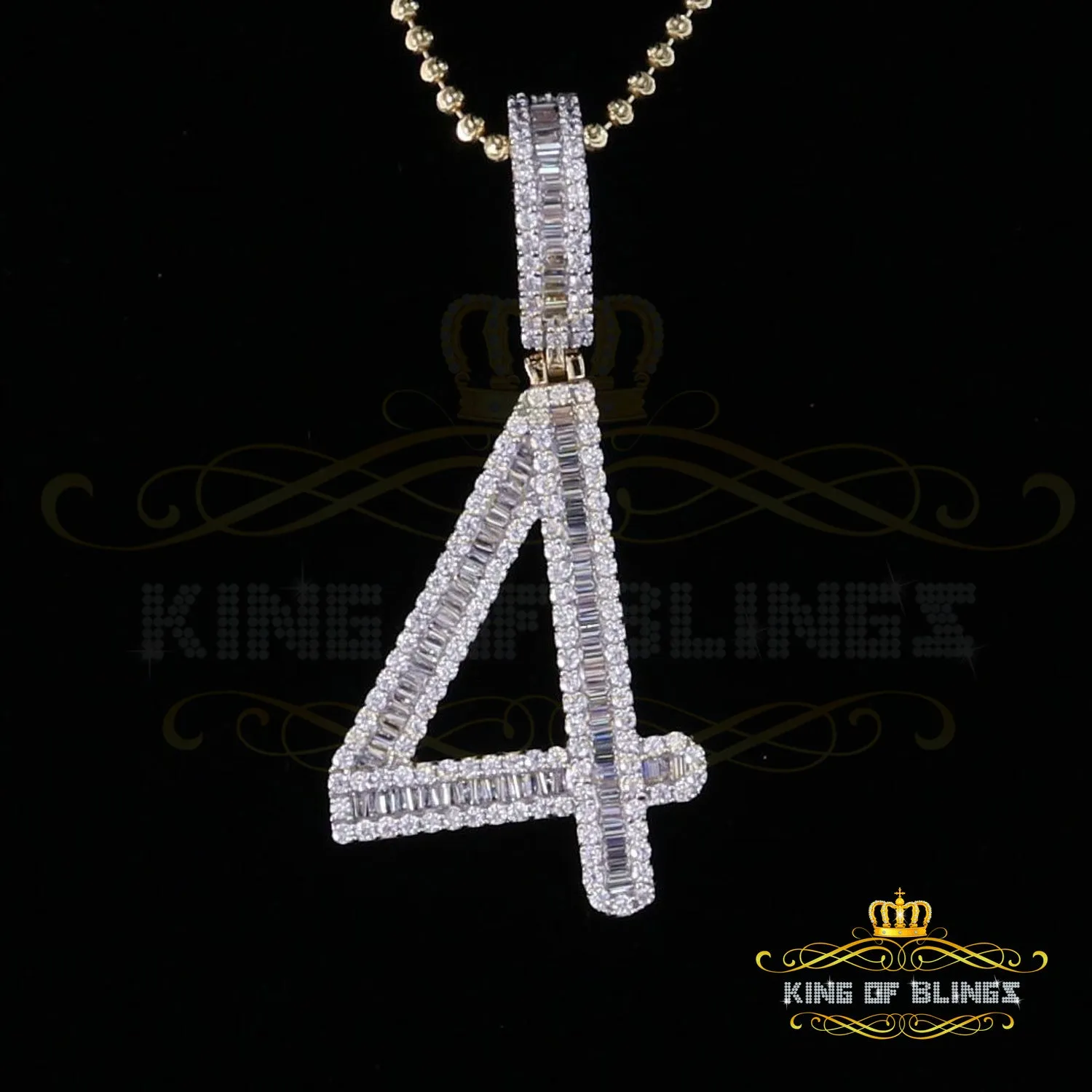 Yellow 925 Silver Baguette Numeric Number '4' Pendant 4.86ct Cubic Zirconia