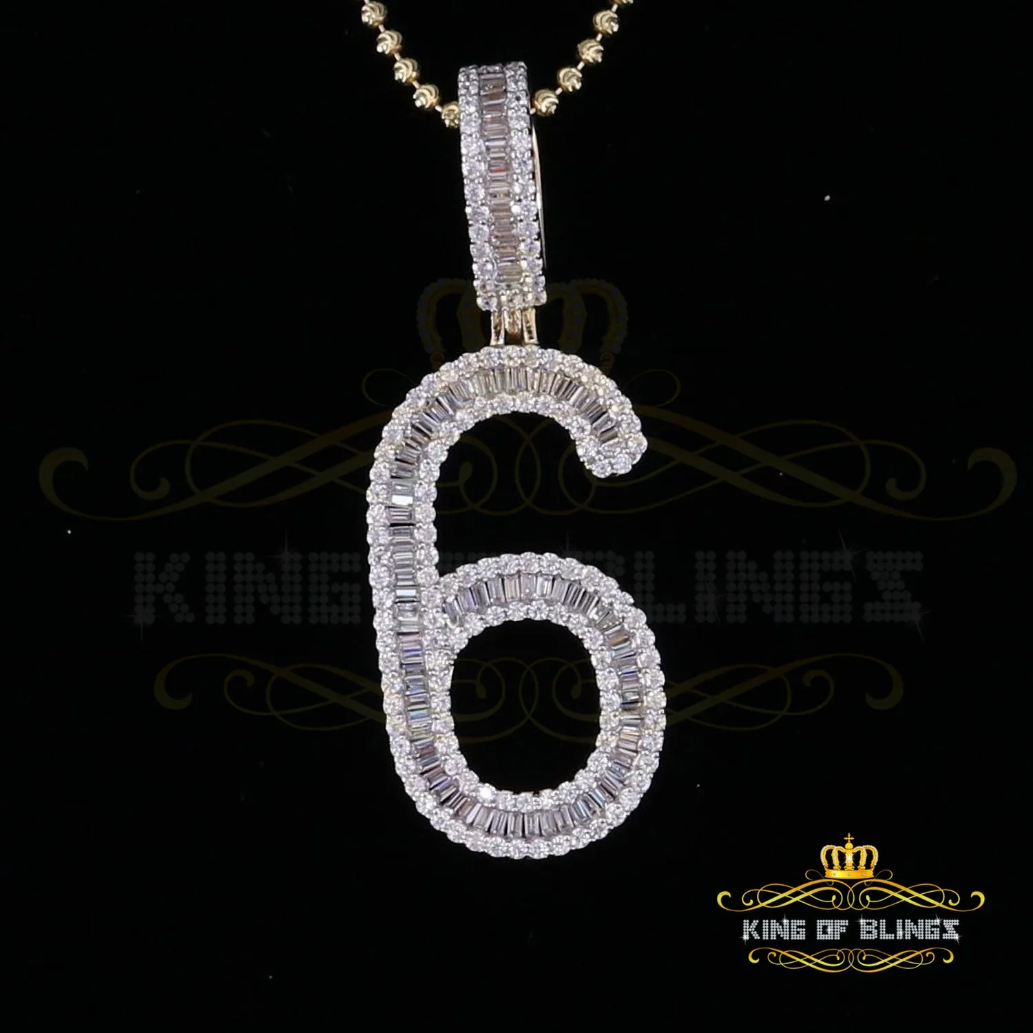 Yellow 925 Silver Baguette Numeric Number '6' Pendant 4.86ct Cubic Zirconia