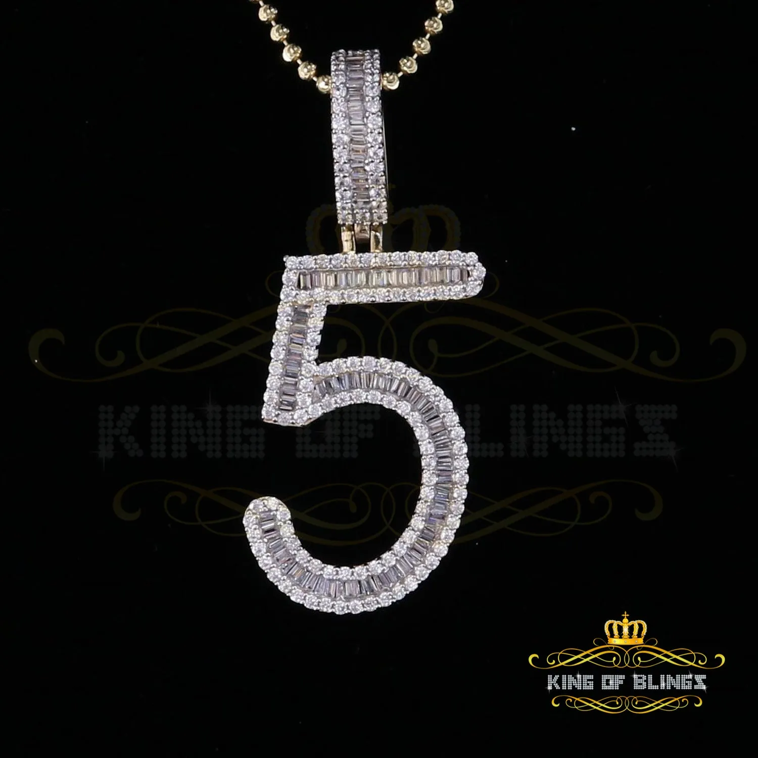 Yellow Sterling Silver Baguette Numeric Number '5' Pendant 4.78ct Cubic Zirconia