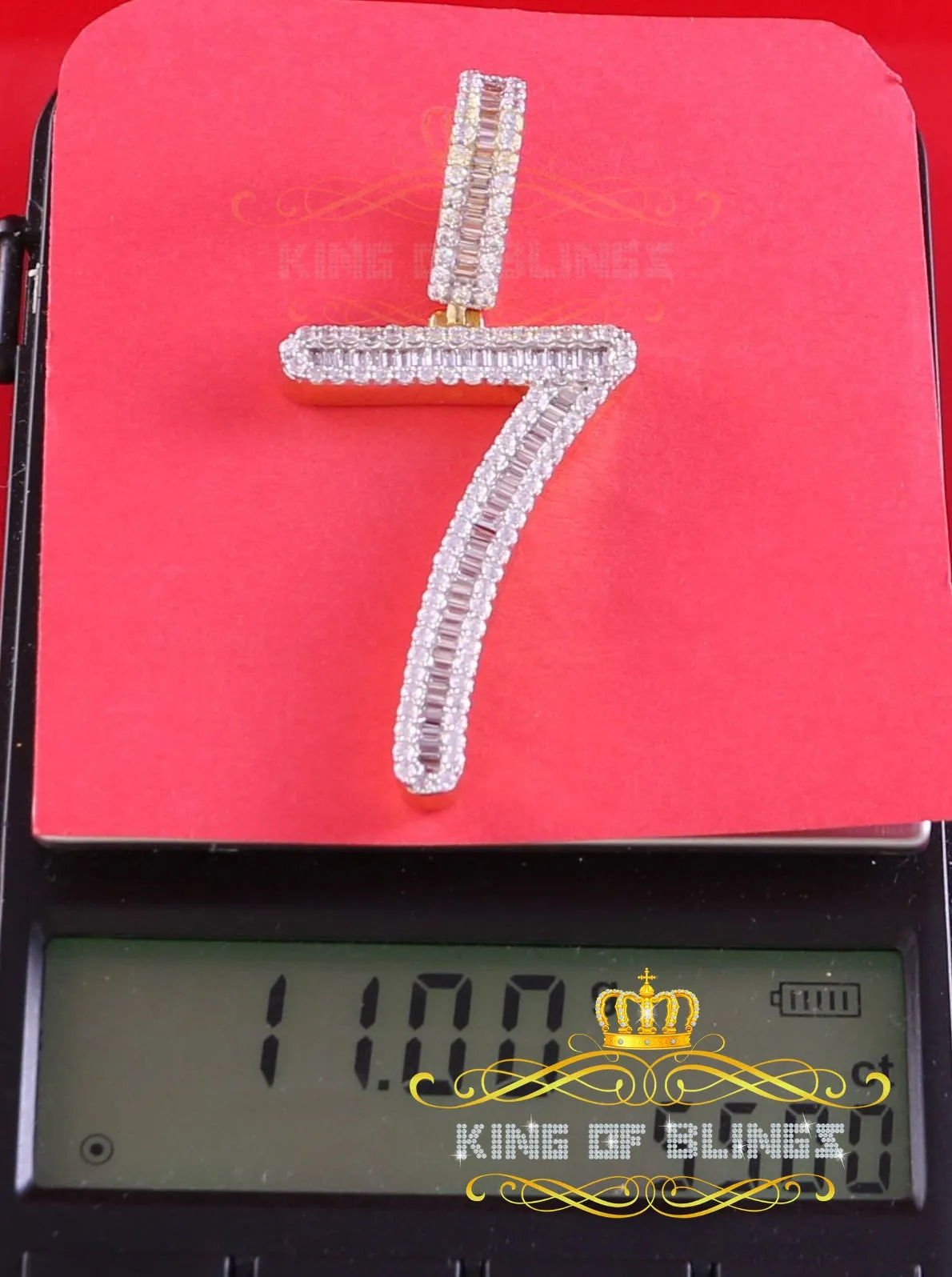 Yellow Sterling Silver Baguette Numeric Number '7'Pendant 3.66ct Cubic Zirconia